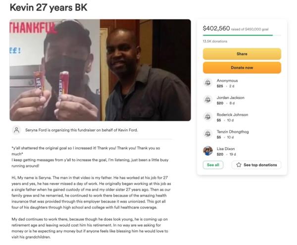 After Kevin Ford went viral for never missing a day of work as a cook and cashier at the Burger King location in Las Vegas' McCarran Internatio<em></em>nal Airport, his daughter started a GoFundMe that has raised $402,560 to date.