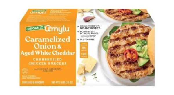 box of Amylu Caramelized o<em></em>nion & Aged White Cheddar Chicken Burgers