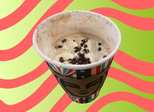 A cup of Starbucks' Peppermint Mocha set against a festive holiday-themed background 