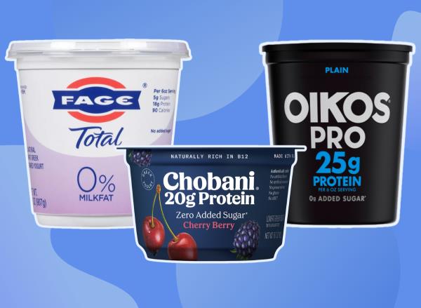 healthy high protein yogurt collage of three brands on blue background