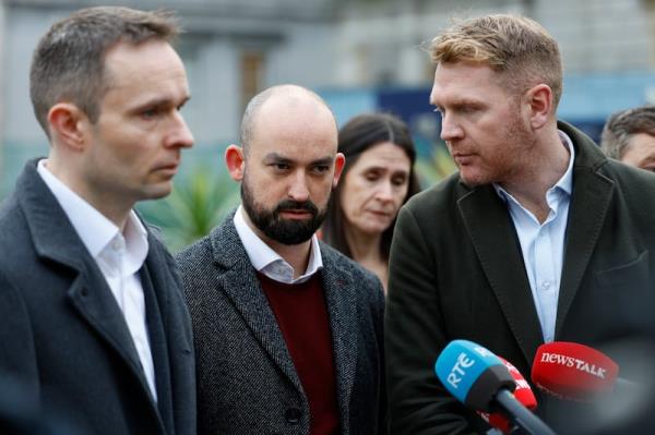 Social Democrats TD Eoin Hayes for Dublin Bay South (centre) with deputy leader Cian O’Callaghan (left) and fellow TD Gary Gannon (right).  Photograph: Nick Bradshaw/The Irish Times