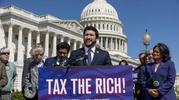 Rep. Greg Casar, R-Texas, speaks during a press co<em></em>nference outside the U.S. Capitol in Washington, D.C., on April 18, 2023.