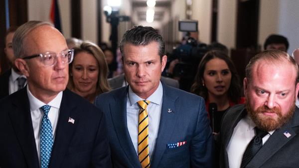 Pete Hegseth, President-elect Do<em></em>nald Trump's nominee to be defense secretary, makes his way to a meeting with Sen. Ted Budd, R-N.C., in the Russell Senate office building on Tuesday, December 3, 2024. (Tom Williams/CQ-Roll Call, Inc via Getty Images)