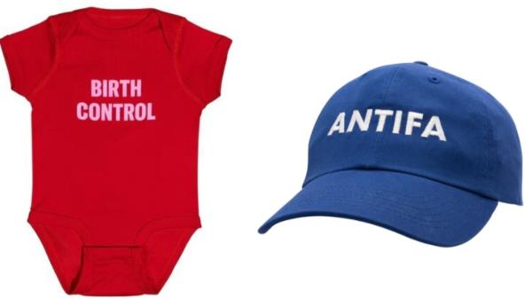 Images of Crooked Media's products, a baby o<em></em>nesie and a "Dad" hat