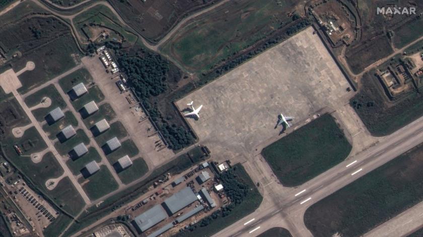 A satellite image shows Russian aircraft, helicopters and military equipment at Khmeimim airba<em></em>se, near Latakia, Syria, Dec. 9, 2024. (Maxar Technologies/Handout via Reuters)