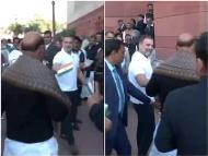 Rahul Gandhi gives rose, natio<em></em>nal flag to Rajnath Singh (video screengrabs/ANI)