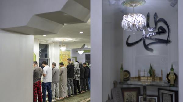 Members of the Muslim community pray during morning prayers before the polls open on Election Day, Dearborn, Michigan, Nov. 5, 2024. (AP Photo)